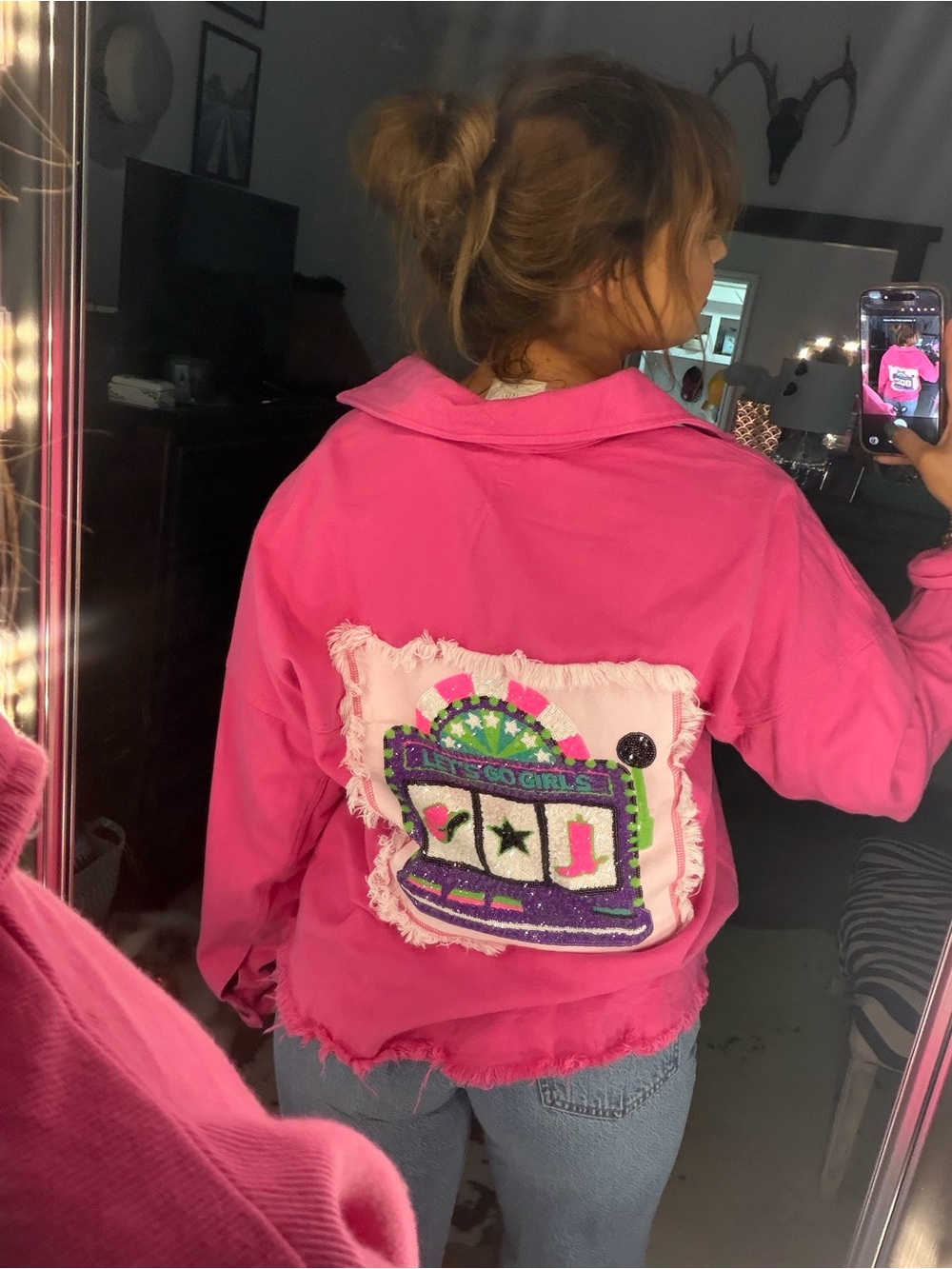 Pink Sequin Let’s Go Girls Western Distressed Jacket